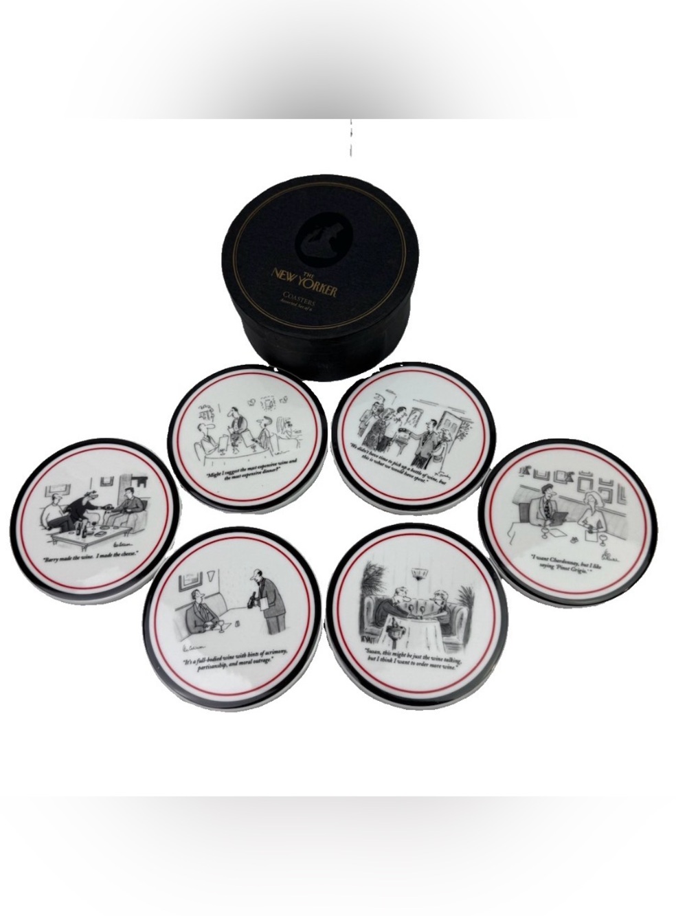 The New Yorker Coasters Set of 6 Wine Cartoons Restoration Hardware Vintage
Nice